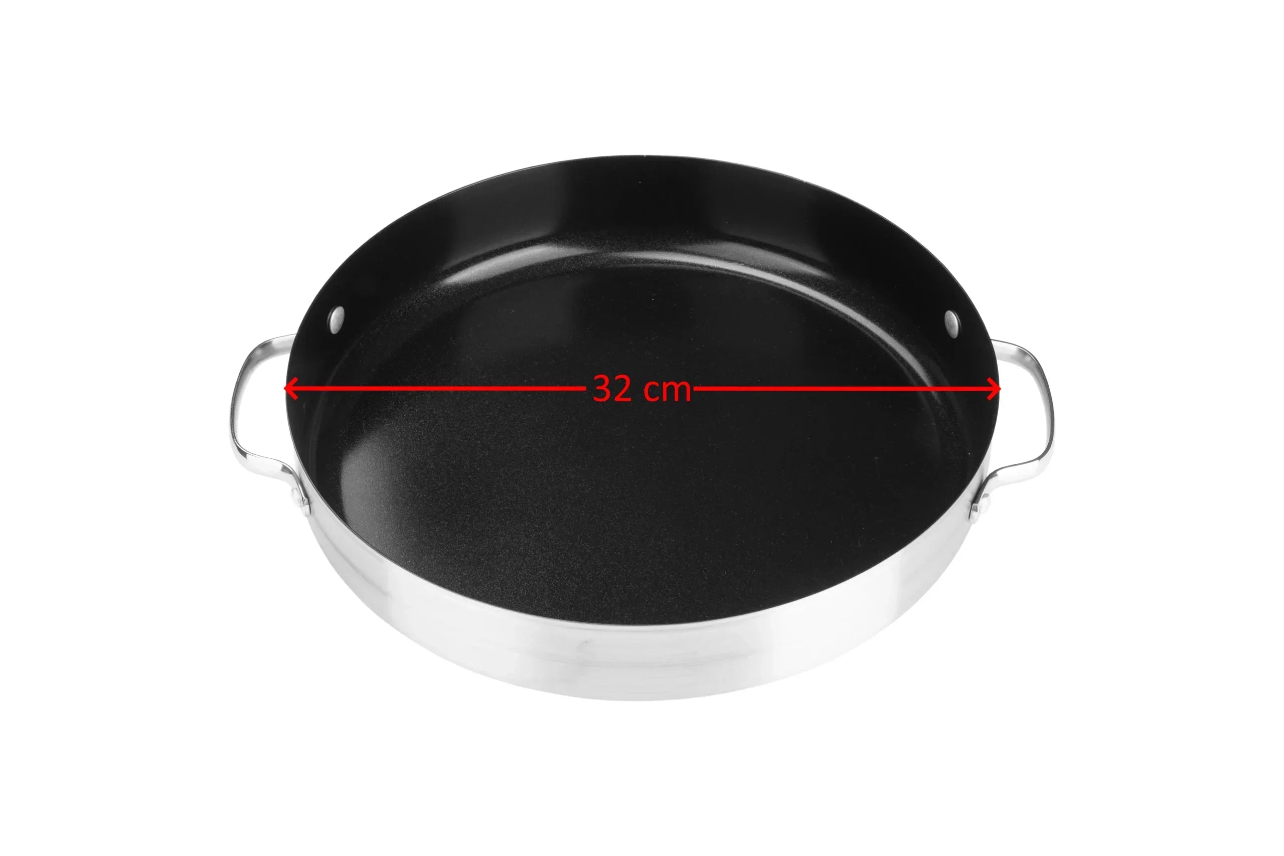 Große runde Backform mit 32 cm Durchmesser und zwei Griffen, ideal für Pizza oder Aufläufe.