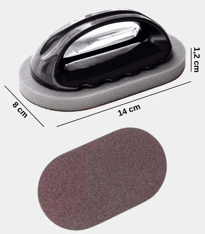 Magische Schwammbürste mit Griff, Maße 14x8x1,2 cm, für effektive Küchenreinigung abgebildet.