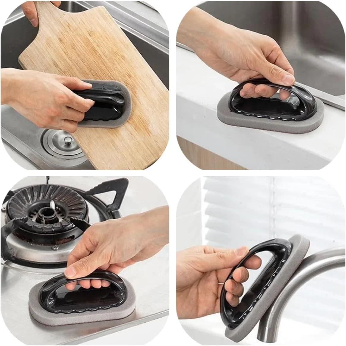 Magische Schwammbürste mit Griff beim Reinigen von Küchenoberflächen, Herd und Brett