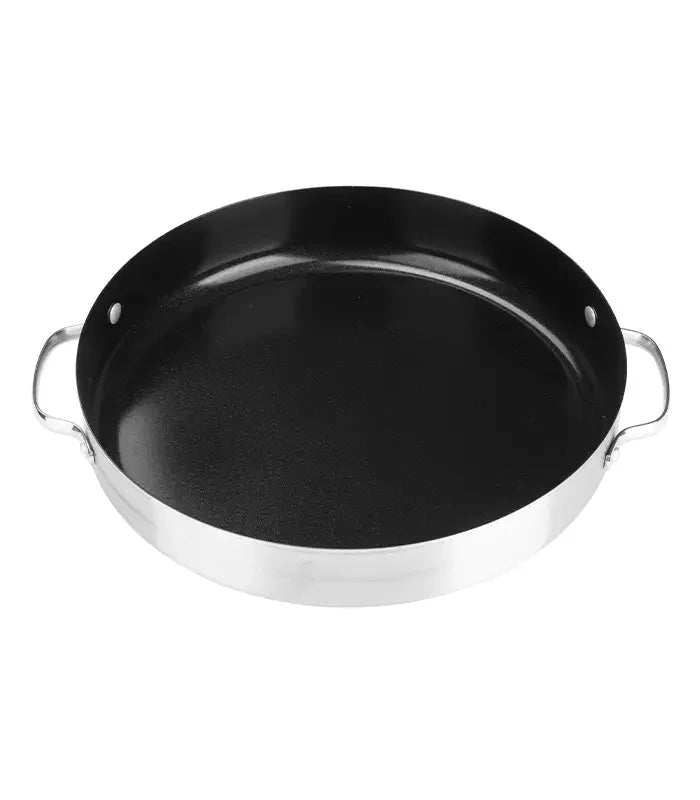 Runde schwarze Backform aus Metall mit zwei Griffen, ideal für Pizza oder Ofengerichte