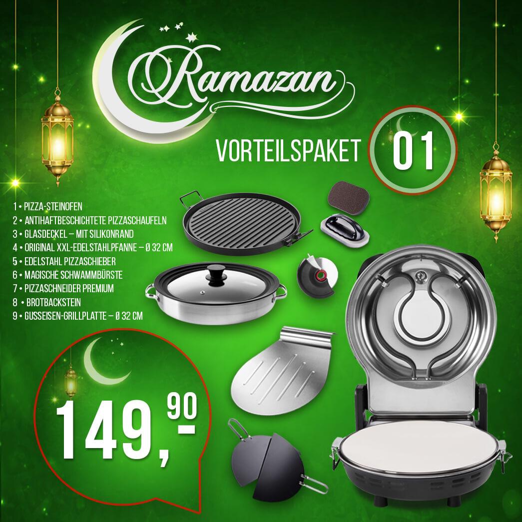 Ramazan Vorteilspaket mit Pizzaofen, Edelstahlpfanne, Grillplatte, Pizzaschaufel, Pizzaschneider und Zubehör auf grünem Hintergrund.