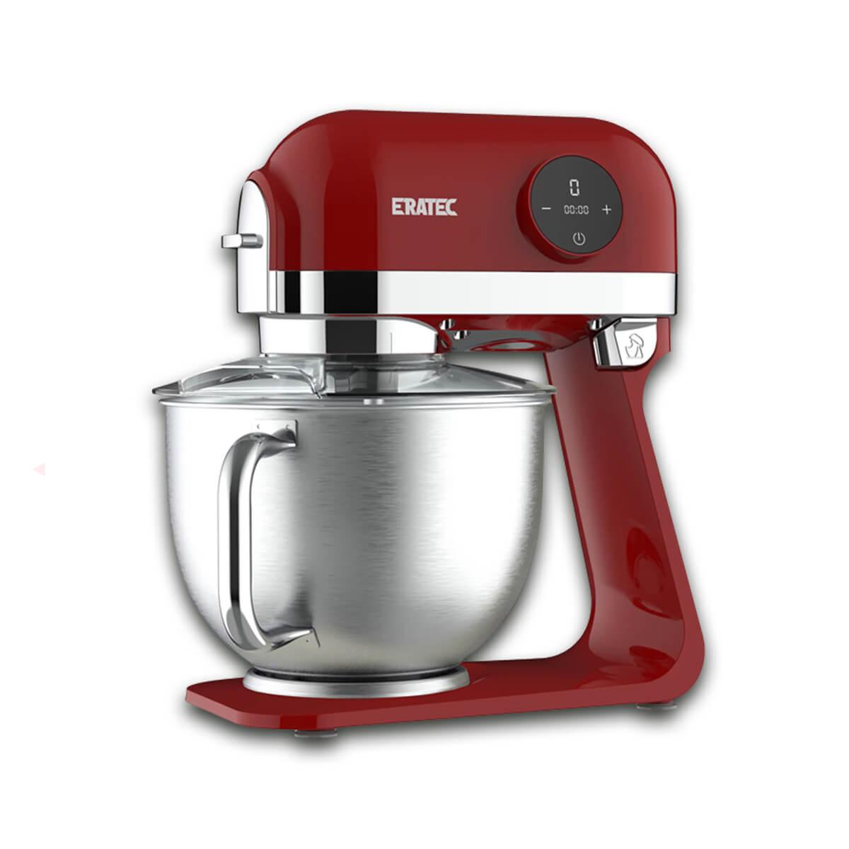 Rote Küchenmaschine mit Edelstahl-Rührschüssel und digitalem Display, freigestellt