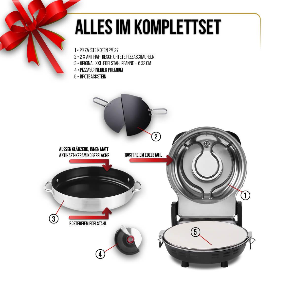 Pizzaofen Komplettset mit Steinplatte, Edelstahlpfanne, Pizzaschaufeln und Pizzaschneider