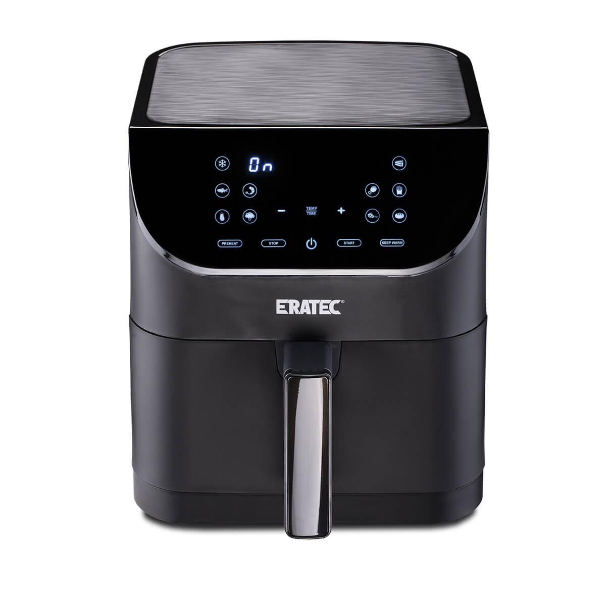 Schwarze Heißluftfritteuse mit digitalem Touchscreen und beleuchteten Bedienelementen.