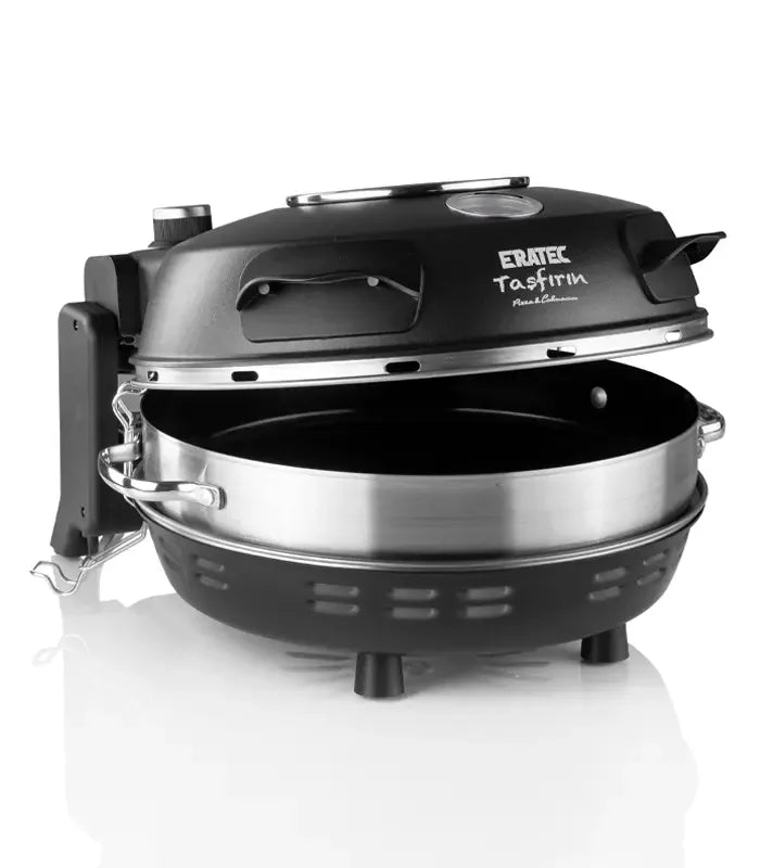 Elektrischer Pizzaofen mit offenem Deckel, schwarze und silberne Ausführung, freigestellt