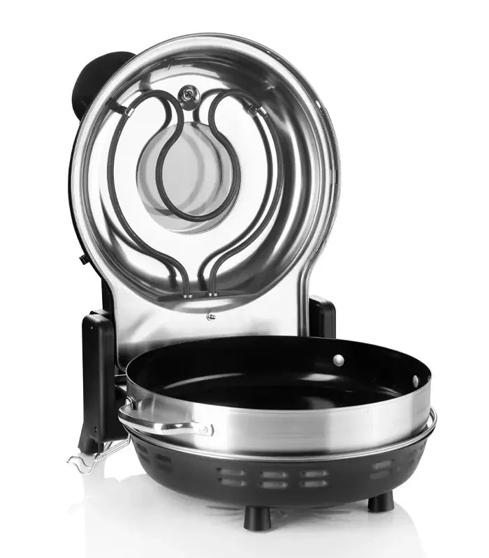 Moderner elektrischer Pizzaofen aus Edelstahl, geöffnet, mit hitzebeständiger Backfläche.