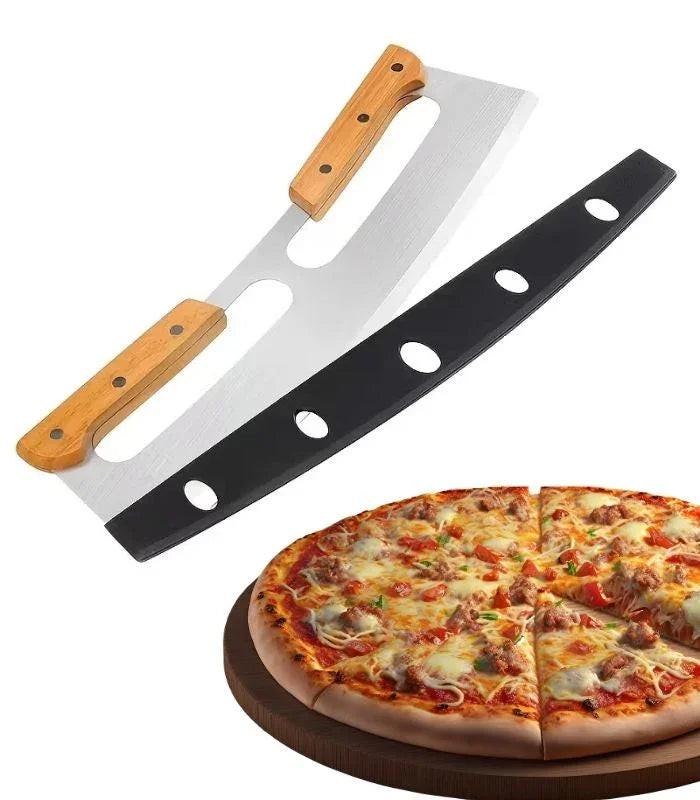 ERATEC Pizzamesser im Wiegemesser-Stil – Edelstahl mit Holzgriffen & Klingenschutz
