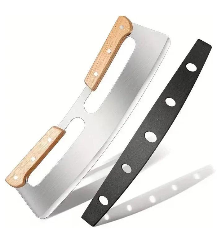 ERATEC Pizzamesser im Wiegemesser-Stil – Edelstahl mit Holzgriffen & Klingenschutz