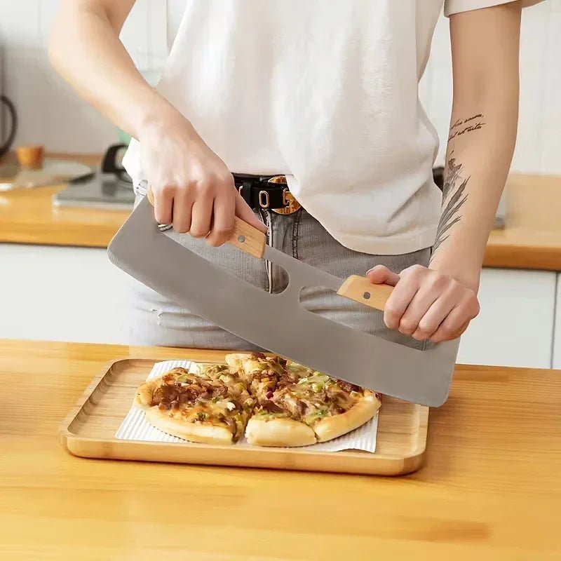 ERATEC Pizzamesser im Wiegemesser-Stil – Edelstahl mit Holzgriffen & Klingenschutz