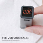 Infografik: Messgerät zeigt 0,00 mg/l über einem weißen Einweghandtuch, Text „Frei von Chemikalien“