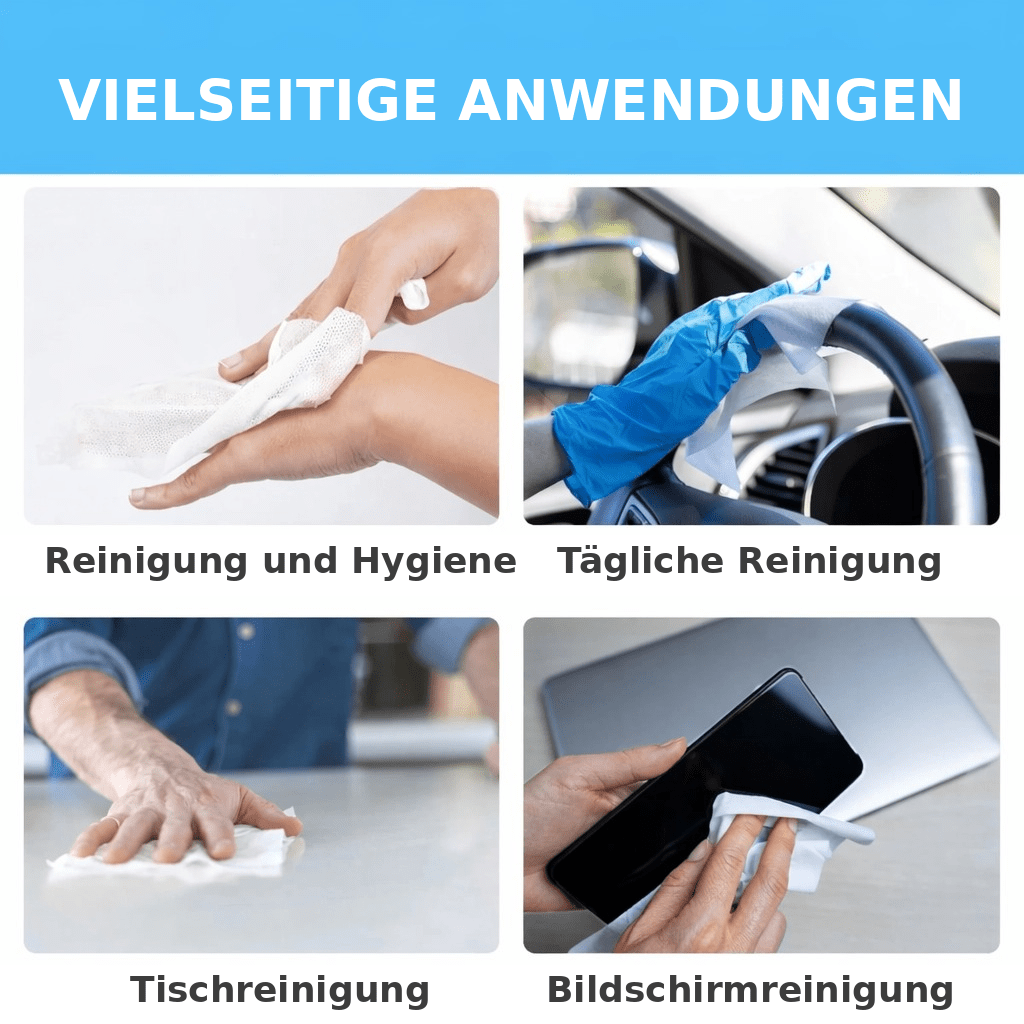 Infografik: Einweghandtuch bei Handreinigung, im Autoinnenraum, auf einer Tischplatte und am Bildschirm
