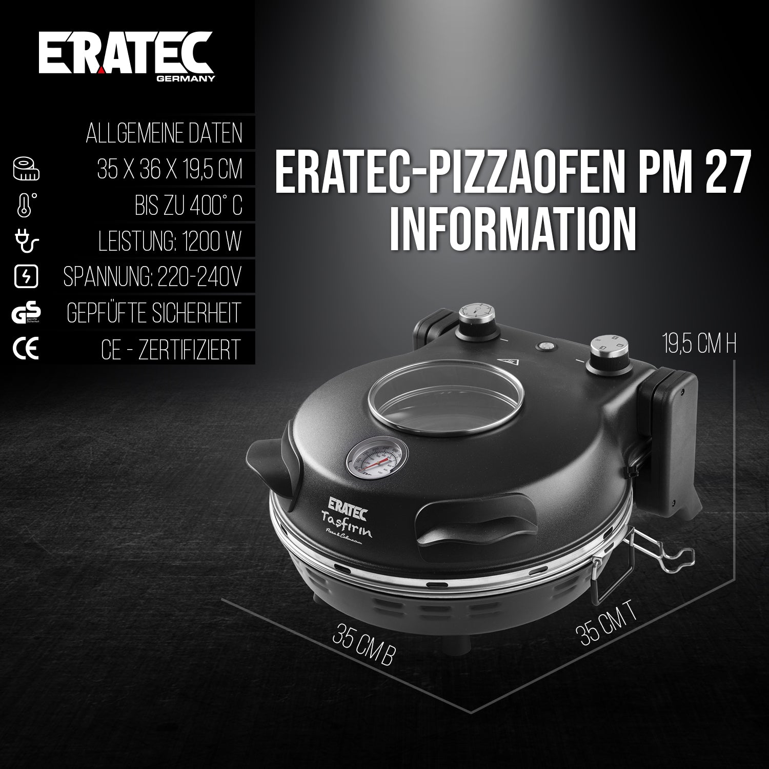 ERATEC Taş Fırınlı Pizza Ocağı PM-27 Komple Set – 400°C'ye Kadar Elektrikli Pizza Fırını