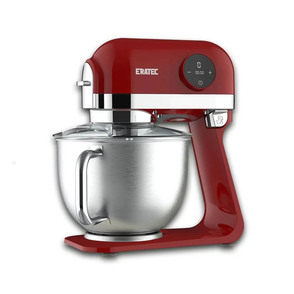 Küchenmaschine KF-967 in Rot, seitlich von vorn mit Edelstahlschüssel und Spritzschutz