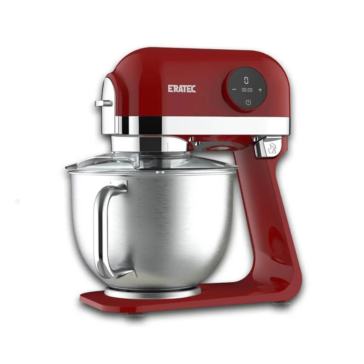 Küchenmaschine KF-967 in Rot, seitlich von vorn mit Edelstahlschüssel und Spritzschutz